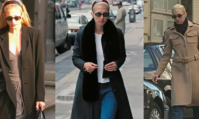 Carolyn Bessette-Kennedy pasea por la ciudad con estilo, luciendo abrigos elegantes y gafas de sol.