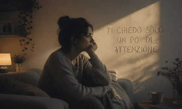 Donna pensierosa sul divano, illuminata da un raggio di sole. Le parole "Ti chiedo solo un po' di attenzione" sembrano un grido silenzioso contro il narcisista che non ascolta.