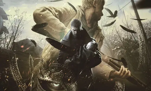 Chris Redfield z dzieckiem, w tle tajemnicza maska i ptaki. Sprawdź Resident Evil Village wymagania, by zagrać!