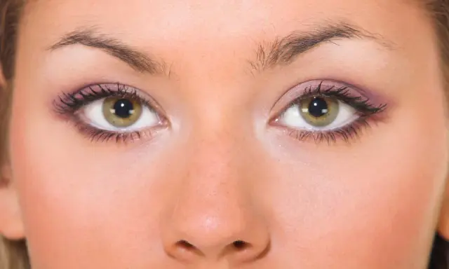 Primo piano di un viso femminile con occhi piccoli e verdi, ciglia lunghe e trucco viola sulle palpebre.