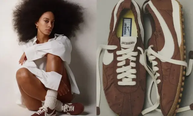 Kobieta z burzą włosów w białej koszuli i brązowe buty Nike Cortez x Jacquemus, które mogą być jej pierwsze buty Nike.