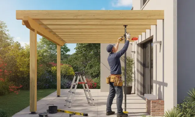 Pose d'une fixation de tonnelle sur terrasse. Un ouvrier ajuste la structure en bois avec des outils.