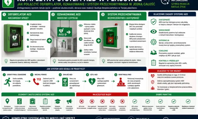 Kompletny system AED w placówce: defibrylator, oznakowanie i przechowywanie. Jak działa AED i dlaczego jest ważne?