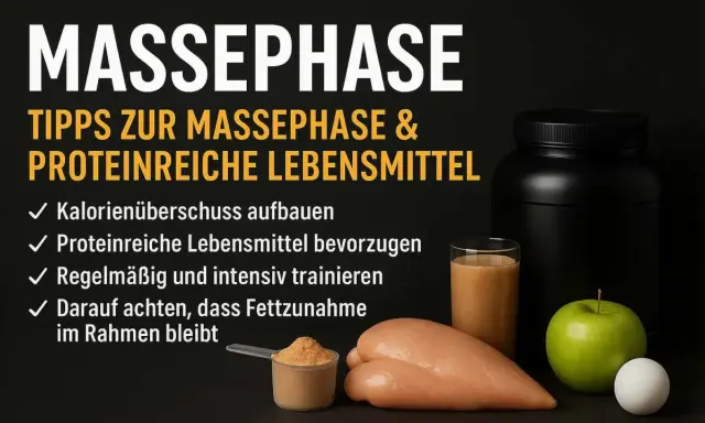 Tipps für die Massephase: proteinreiche Lebensmittel wie Hähnchen, Ei und Shake sind wichtig. Kalorienüberschuss und Training sind entscheidend.