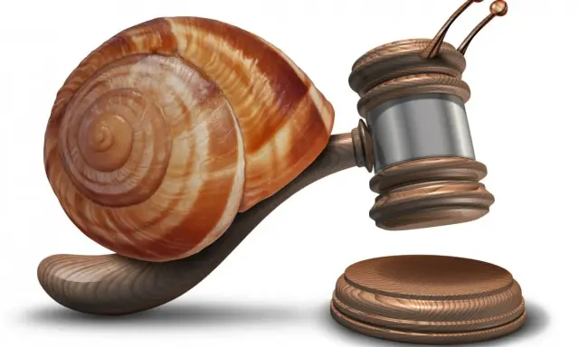 Un giudice a forma di lumaca, con la chiocciola al posto del corpo, simboleggia la lentezza della legge Pinto.