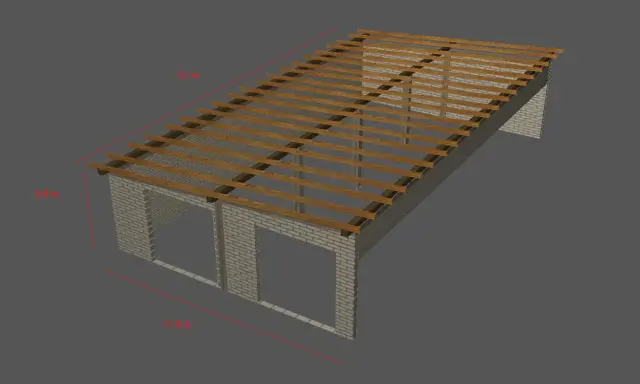Konstrukcja dachu jednospadowego z widocznymi krokwiami co ok. 1 metr. Wymiary: 21m x 3.6m x 11.6m.