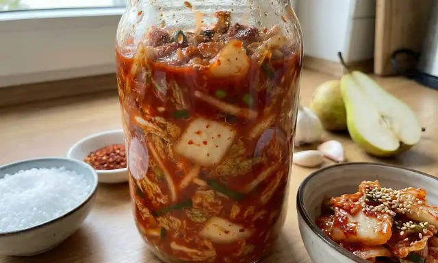 Stor burk med hemgjord kimchi, redo för fermentering. Ingredienser som chili, vitlök och päron syns i bakgrunden. Ett perfekt kimchi recept!