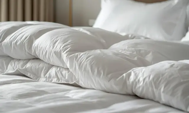 Biała, puszysta kołdra i poduszki na hotelowym łóżku.