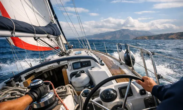 Voile blanche et rouge gonflée par le vent, le barreur guide le voilier. Un aperçu du lexique marin en action.