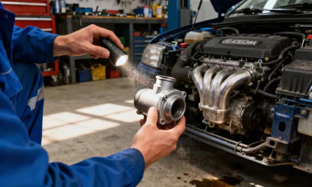 Mécanicien examinant une pièce métallique sous la lumière d'une lampe torche, près d'un moteur de voiture.