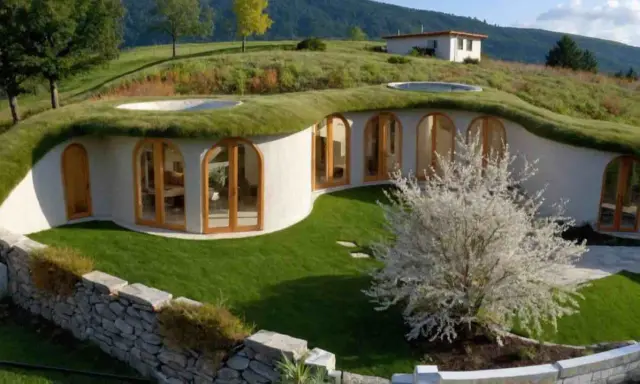 Maison semi enterrée sur un terrain en pente, avec un toit végétalisé et de grandes fenêtres cintrées. Un arbre fleuri blanc devant.