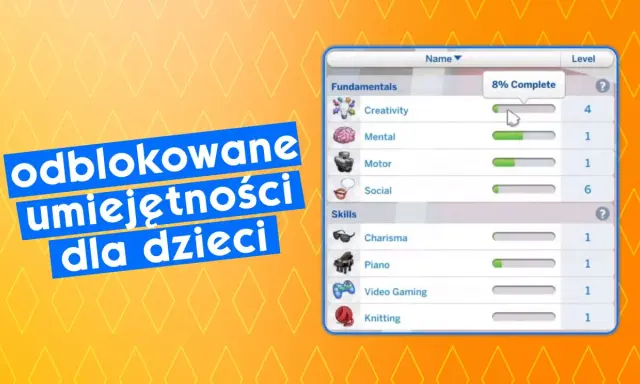Jak zwiększyć umiejętności Sims 4 u dzieci? Na ekranie widać panel z listą umiejętności, np. Kreatywność, Mentalne, Motoryczne, Społeczne, Charyzma, Gra na pianinie, Gry wideo i Dziewiarstwo.