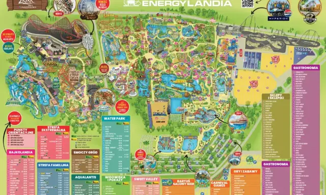 Mapa Energylandii, gdzie jest raj dla każdego! Zobacz strefy: Ekstremalna, Familijna, Bajkolandia, Water Park, Sweet Valley i atrakcje.