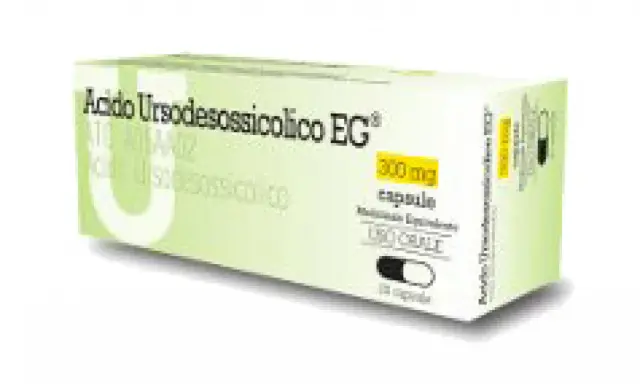 Scatola di Acido Ursodesossicolico EG 300 mg capsule. Per l'assunzione prima o dopo i pasti, consultare il foglietto illustrativo.