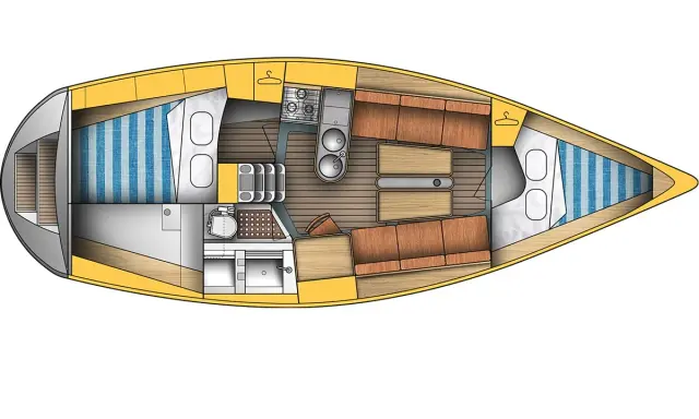 Plan intérieur du voilier, étape 28 : cabine avec lits, cuisine, salle de bain et salon.
