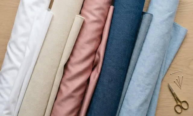 Rullar av tyg i olika färger, från vitt till ljusblått, med en rosa och beige nyans emellan. Bomullsegenskaper gör dessa tyger mångsidiga för sömnad.