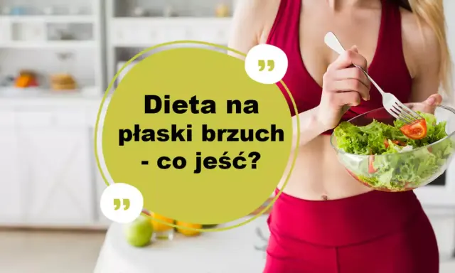 Kobieta w czerwonym stroju sportowym je sałatkę. Tekst: "Dieta na płaski brzuch - co jeść?".