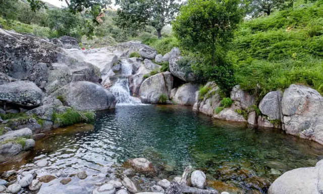 Unas idílicas piscinas naturales en Valladolid, con cascadas y rocas, rodeadas de vegetación exuberante.