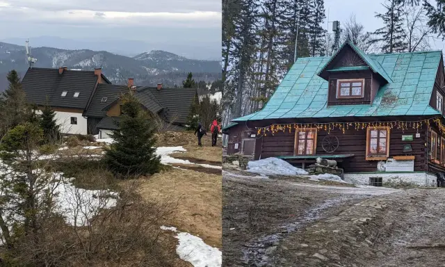 Dwa schroniska górskie, jedno z białymi ścianami i czarnym dachem, drugie drewniane z zielonym dachem, ozdobione lampkami. Wielka racza szlaki prowadzą do nich.