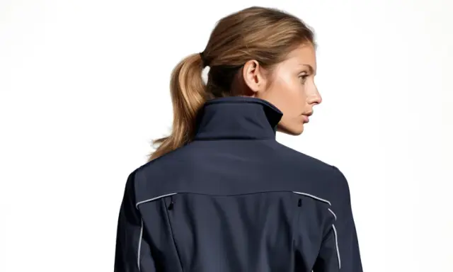 Kobieta w granatowej kurtce softshell. Kurtki softshell co to znaczy? To lekka, oddychająca odzież wierzchnia, idealna na zmienną pogodę.