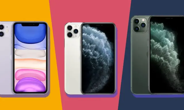 Trzy modele iPhone'ów w różnych kolorach: fioletowym, białym i zielonym. Widać ich tylne aparaty i ekrany. To świetne iphone porownanie.