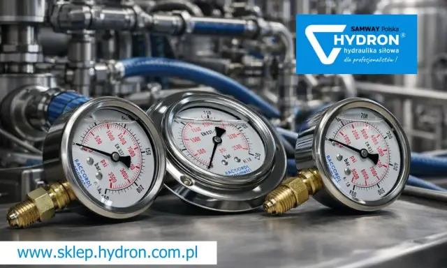 Trzy manometry hydrauliczne pokazują ciśnienie. Dowiedz się, manometr co to jest i jak działa, na stronie www.sklep.hydron.com.pl.