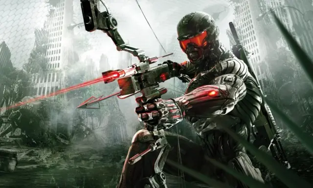 Żołnierz w zaawansowanym kombinezonie celuje z łuku z laserową strzałą w zniszczonym mieście. To zapowiedź Crysis 4.