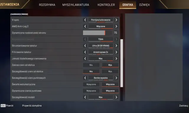 Ustawienia grafiki w grze Apex Legends po polsku: rozdzielczość, cienie, tekstury.