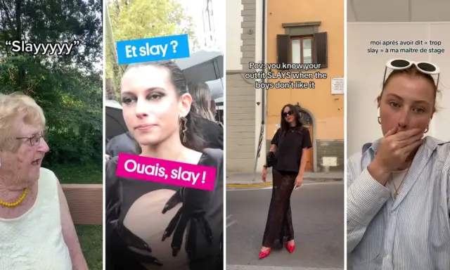 Quatre vignettes montrant des personnes réagissant au mot "slay". Une grand-mère dit "Slayyyyy", une jeune femme dit "Ouais, slay !", une autre dit que son style "slays" quand les garçons n'aiment pas, et une dernière se couvre la bouche après avoir di...