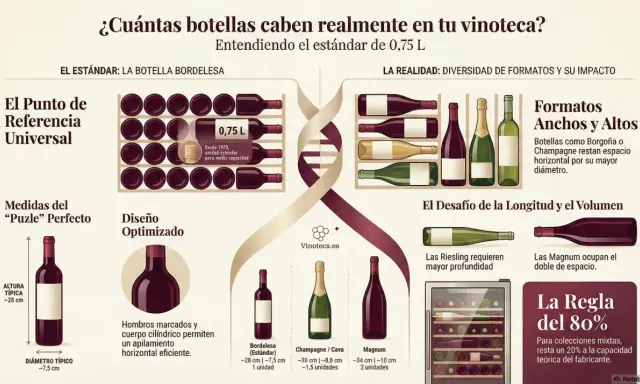 Infografía sobre el espacio en vinotecas, comparando botellas estándar de 0,75L con otros formatos de marcas de vinos.