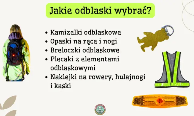 Różne rodzaje odblasków na ubrania: kamizelki, opaski, breloczki, plecaki i naklejki. Zwiększ swoją widoczność!