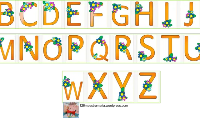 Lettere da stampare per striscioni, con fiori colorati che decorano ogni lettera dell'alfabeto.