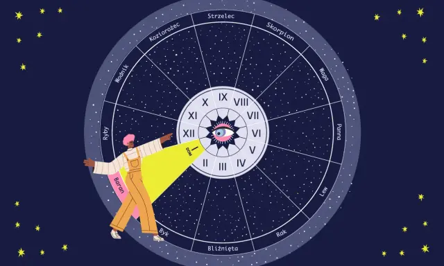 Osoba wskazuje na domy w kosmogramie, odkrywając tajemnice astrologii.