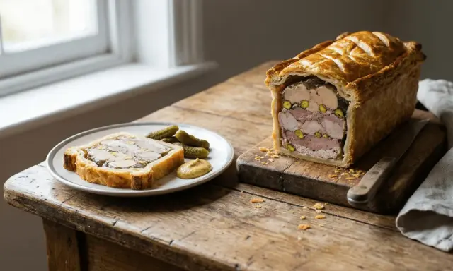 Pâté en croûte aux pistaches, une recette savoureuse. Une tranche est servie avec des cornichons et de la moutarde.