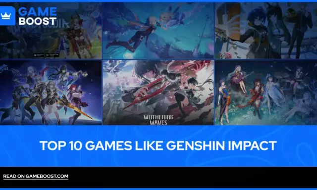 Kolaż z grafikami z gier, w tym Honkai: Star Rail i Wuthering Waves, prezentujący gry podobne do Genshin Impact.