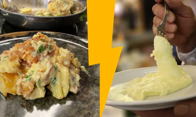 Un plat typique auvergnat : pommes de terre sautées et crémeuses, servies avec une purée onctueuse.