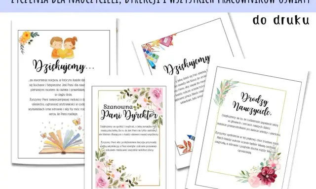 Zestaw kartek z podziękowaniem dla nauczycieli i dyrekcji. Wzruszające życzenia i piękne grafiki.