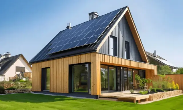 Une maison bioclimatique moderne avec panneaux solaires sur le toit, bardage bois et grandes baies vitrées, profitant du soleil.