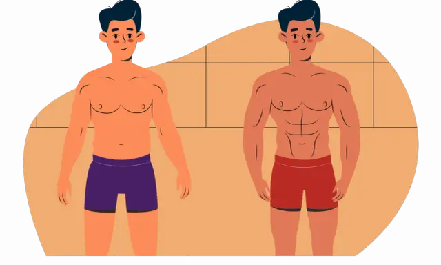 Mann vor und nach dem Abnehmen ohne Muskelabbau. Deutlich sichtbare Transformation von einem etwas fülligeren Körper zu einem definierten Sixpack.