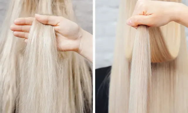 Dwa ujęcia blond włosów: przed i po zabiegu, pokazujące różnicę w ich wyglądzie.