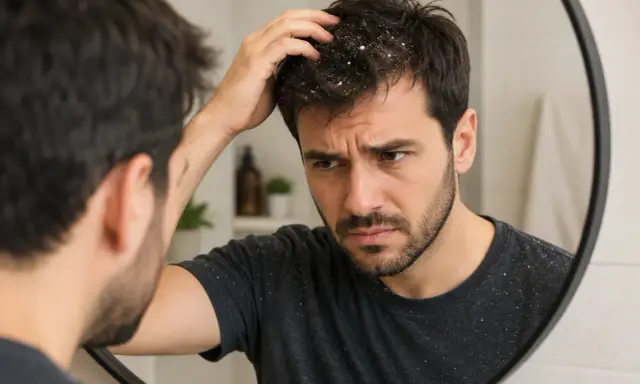 Mężczyzna zmartwiony łupieżem na ciemnych włosach, który osypuje się na jego koszulkę. Nawet jego **baby hair** wydają się być dotknięte problemem.