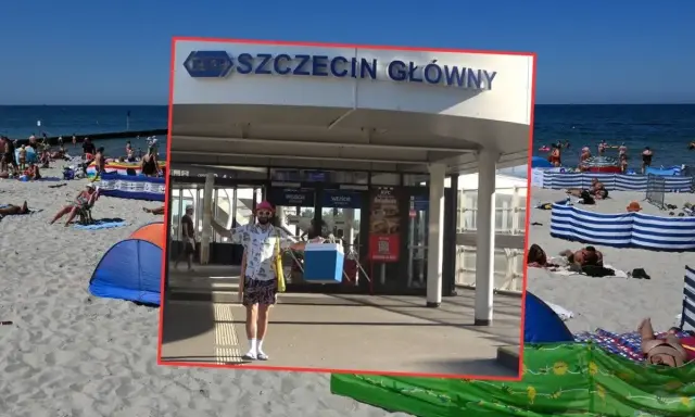 Plaża i ludzie wypoczywający nad morzem, a obok dworzec "Szczecin Główny". Czy Szczecin leży nad morzem? Wygląda na to, że tak!