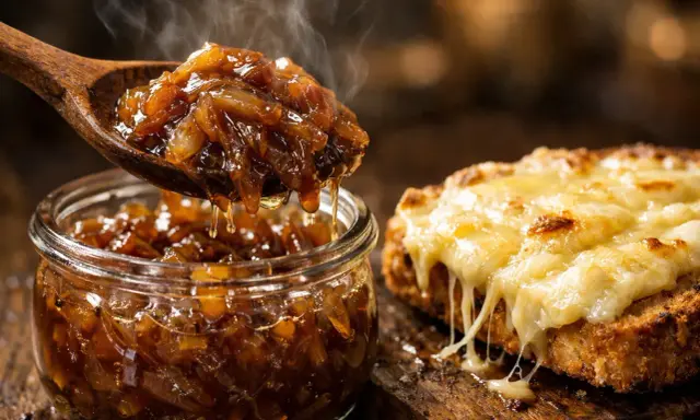 Une cuillère de confit d'oignon fumant dégouline vers un pot en verre. À côté, une tartine grillée est recouverte de fromage fondu.