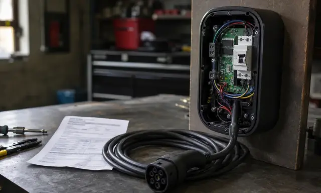 Componenti interni di punti ricarica auto elettriche, con cavo e connettore in primo piano.