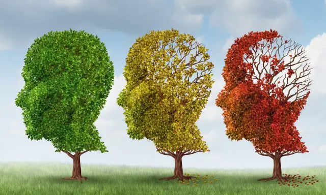 Tre alberi a forma di testa umana, dal verde rigoglioso al rosso spoglio, simboleggiano il declino cognitivo.