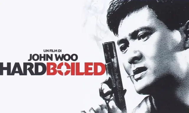 Locandina del film "Hard Boiled" di John Woo. Il significato di "hard boiled" si riflette nel volto intenso e nella pistola del protagonista.