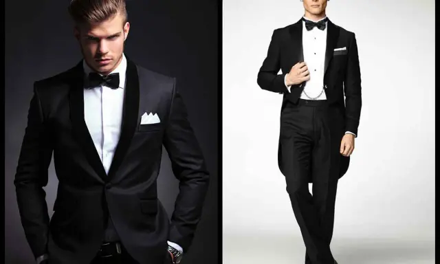 Two men in sharp black cocktail attire. One sports a modern tuxedo with a shawl collar, the other a classic tailcoat.