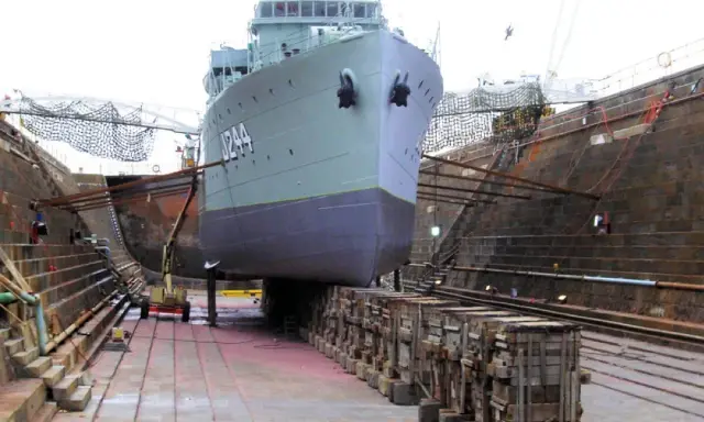 Un grand navire est en cale sèche, soutenu par des structures en bois. Le support bateau cale sèche est essentiel pour les réparations.