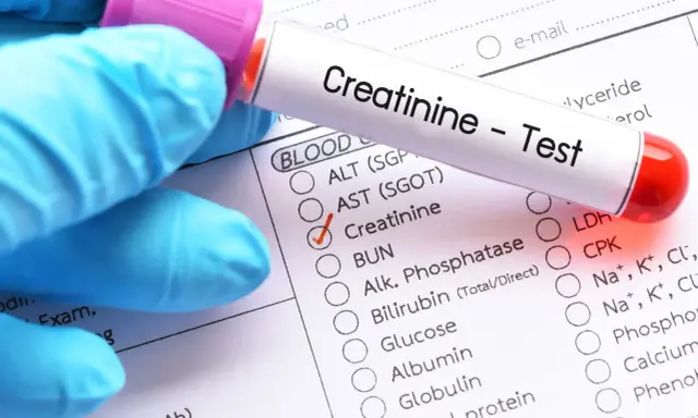 Ręka w niebieskiej rękawiczce trzyma probówkę z napisem "Creatinine - Test". Zaznaczono badanie kreatyniny, kluczowe w diagnostyce raka nerki.