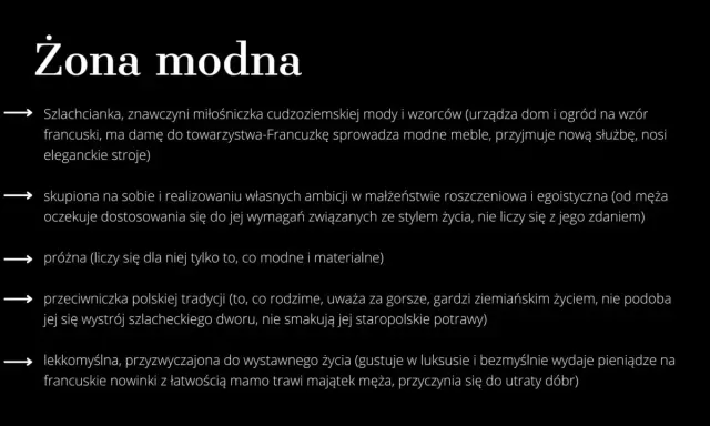 Tekst na czarnym tle: "Żona modna" i lista cech.